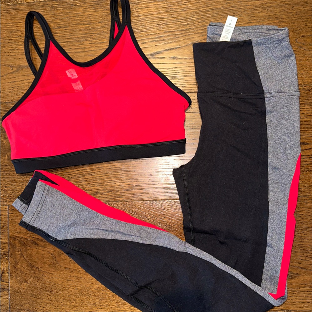 Lululemon Leggings + Bra Set Red Black Gray 4 6
